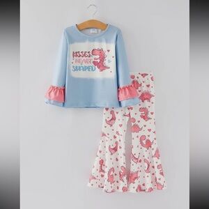 Blue and Pink Dinosaur Long Sleeve Shirt and Flare Pant Set